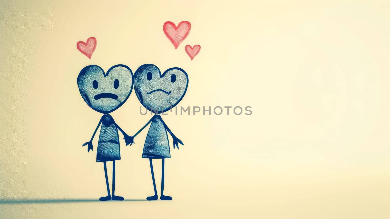 Two sad cartoon characters with heart-shaped heads holding hands, expressing emotions of heartbreak and loneliness. Illustrating the complexities of love, breakups, and lost love