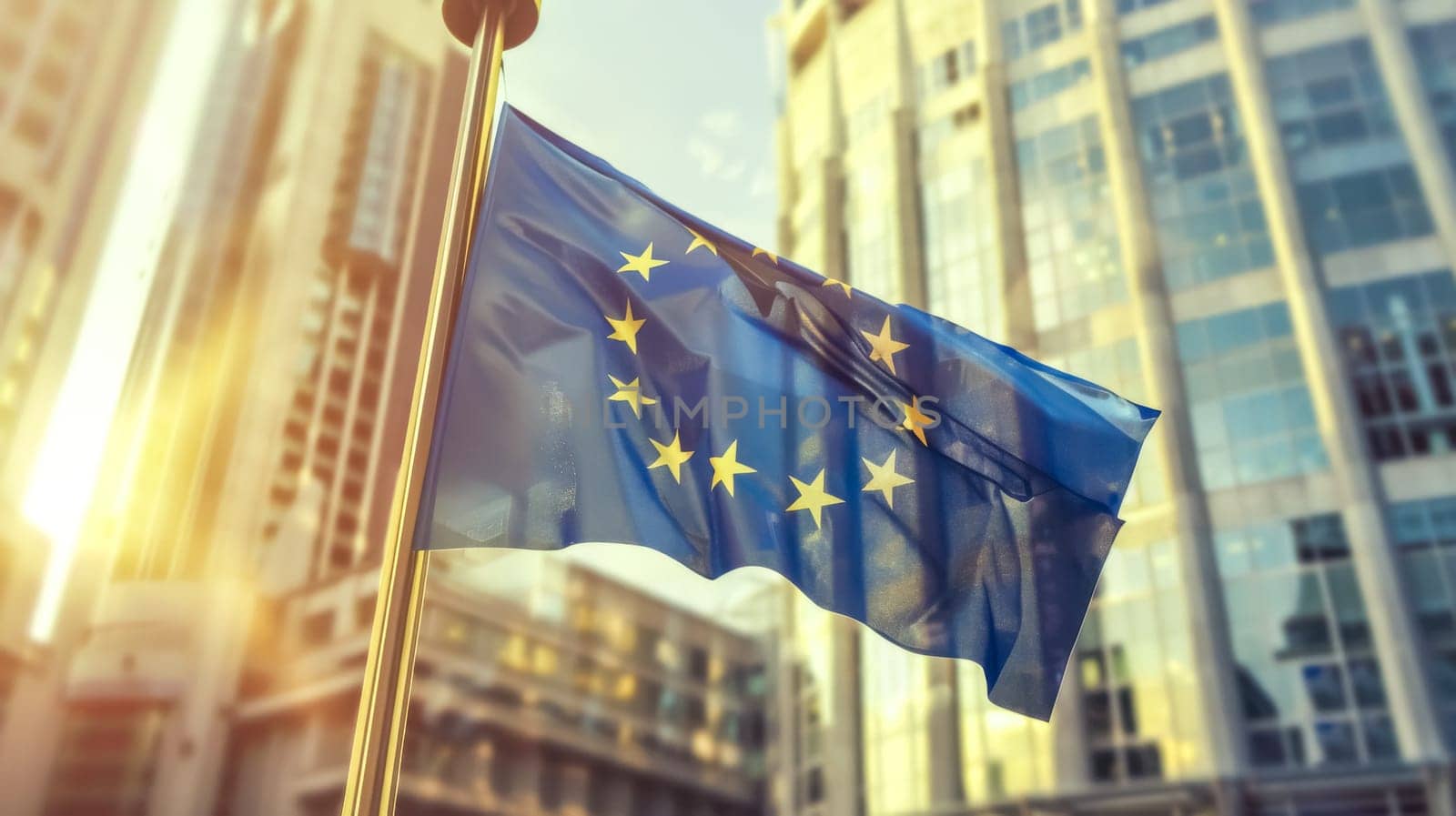 European union flag is waving in the wind in front of modern office buildings, representing the concept of business and finance in the eu
