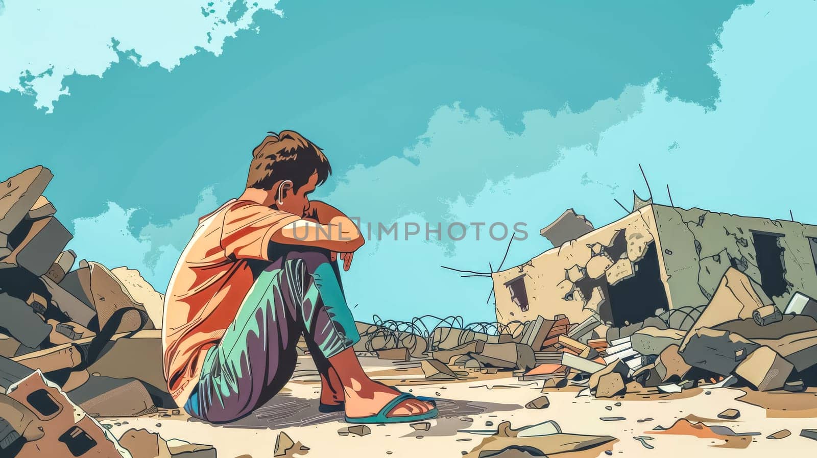 Illustration of a sad refugee boy sitting alone in the rubble of a destroyed city, conveying the devastating impact of war and displacement