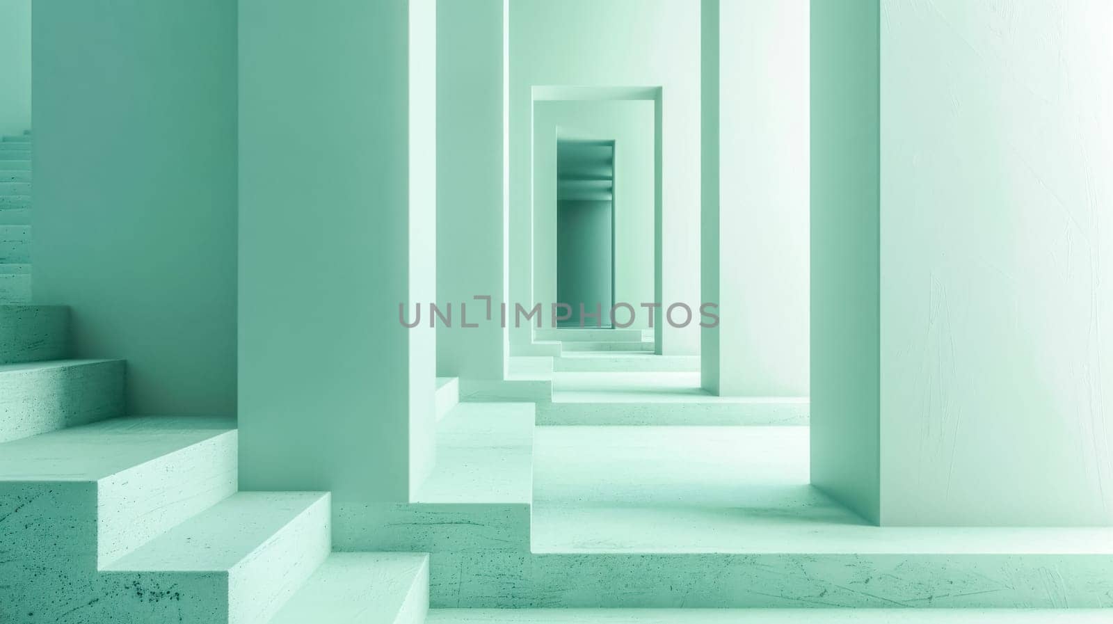 Walking through a modern staircase to a minimalist doorway, with green tones enhancing the design. Clean lines and shapes create a contemporary pattern, blending art and style