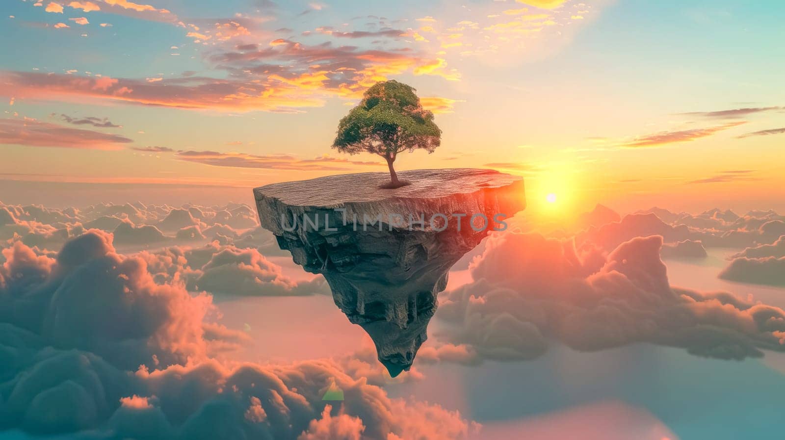 Serene sunset scene with a lone tree on a rock island under a colorful sky, evoking peace and hope