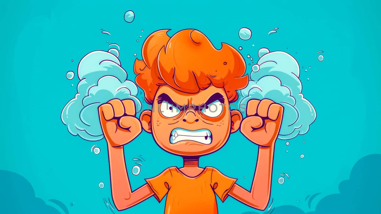 Cartoon illustration of a furious kid with steam coming out of his ears, clenching his fists in anger, a concept of extreme anger and frustration