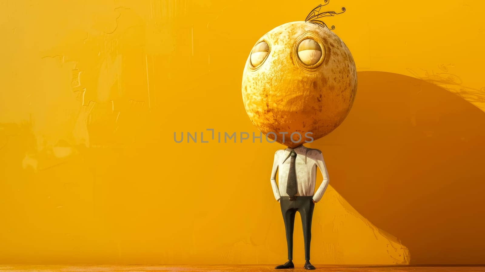 Confident businessman with a lemon head stands near a yellow wall in a quirky 3d illustration. Unique and creative concept sparks imagination and brings cheerful vibes