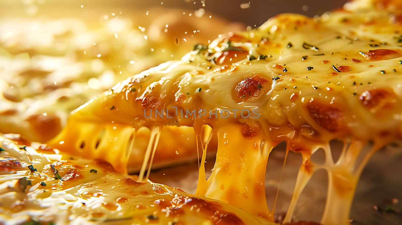 Indulge in the ultimate comfort food with a mouthwatering slice of hot, cheesy pizza being lifted from the rest of the pie, showcasing the gooey, stringy melted cheese and savory spices