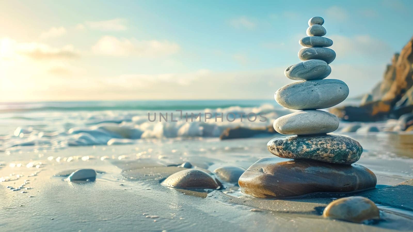 Serene stack of smooth white stones balances peacefully on a sandy beach, creating a tranquil scene perfect for meditation and mindfulness in nature's beauty