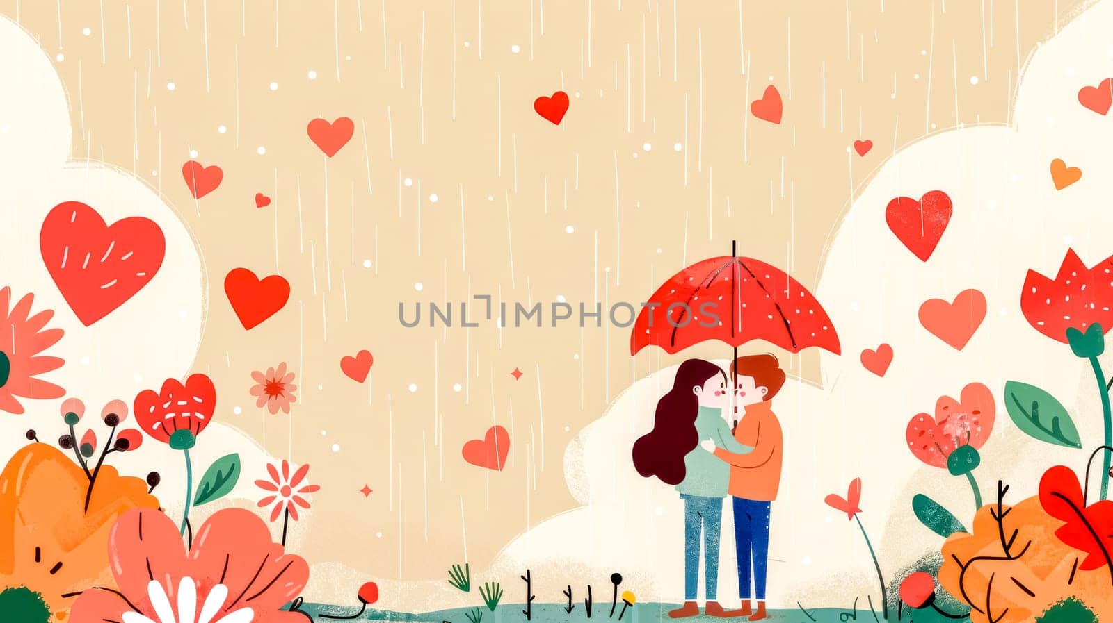 Couple kisses under a red umbrella with falling hearts and colorful flowers, capturing love and joy for valentine's day or any occasion. Cute, lovely design for cards, posters, or prints