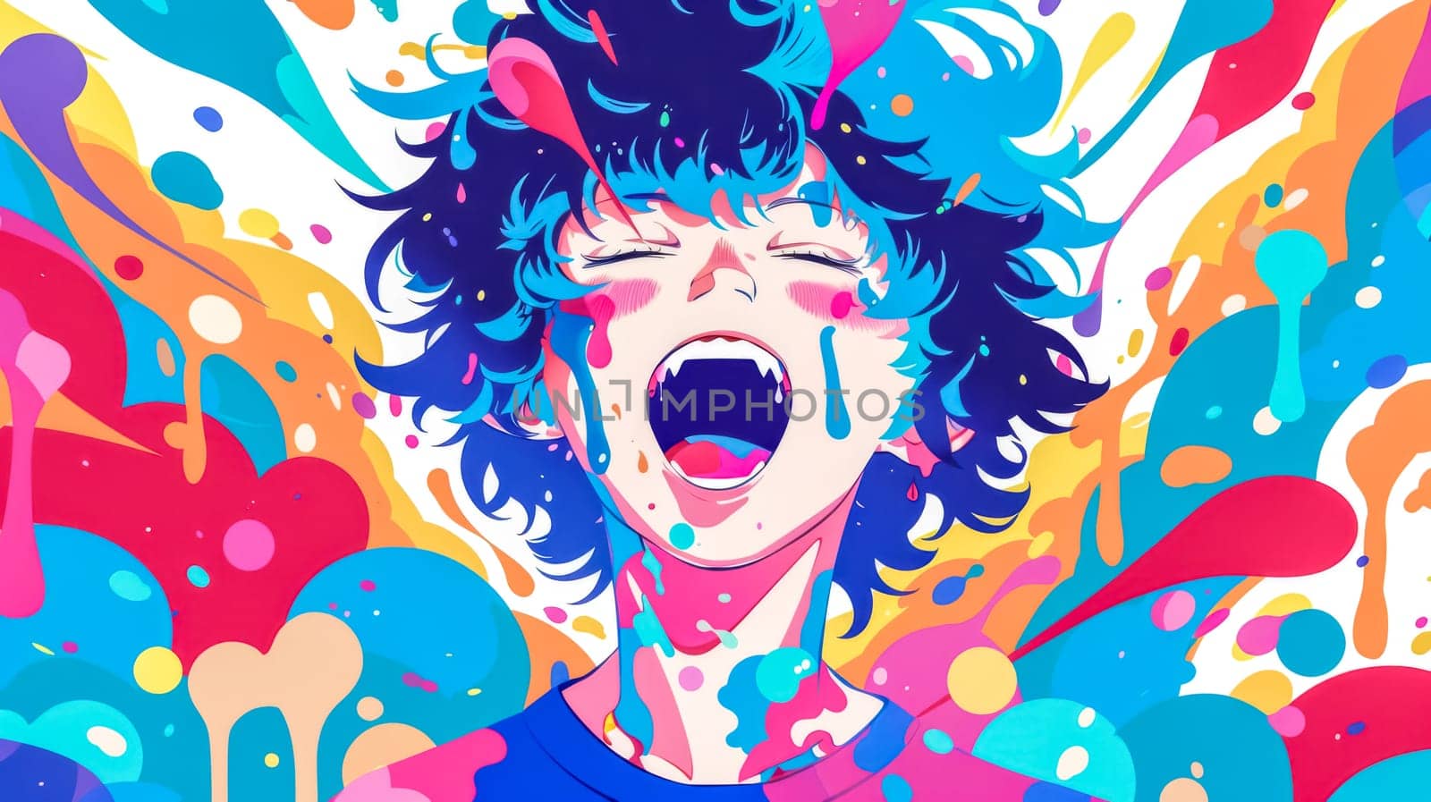 Young man with vibrant blue hair covered in rainbow paint splatters screams with joy and excitement, exuding happiness and energy in a trendy, modern and colorful illustration