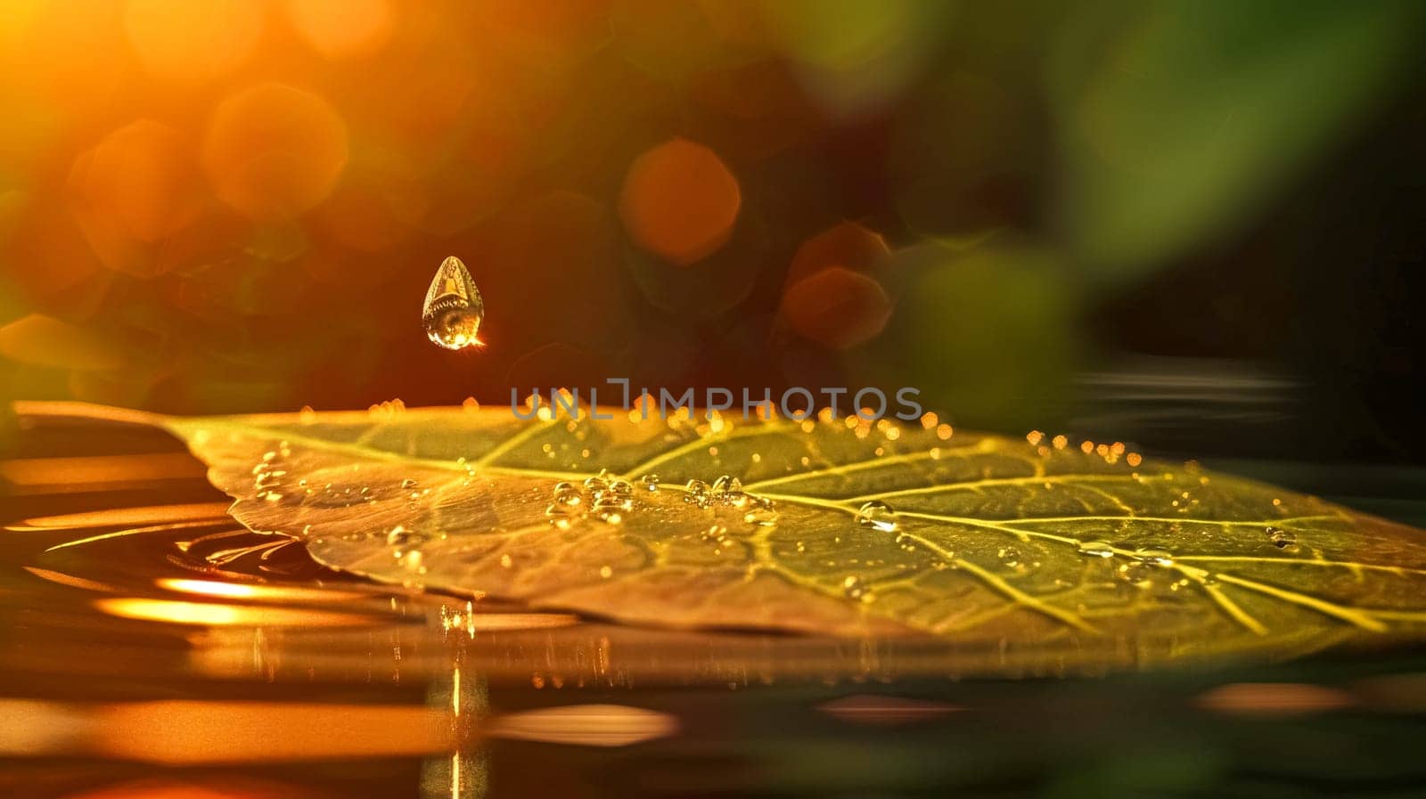 Single water droplet hangs above a leaf covered in dew, glowing in golden light. The image captures nature's beauty with green, yellow, and orange hues, revealing intricate textures and patterns