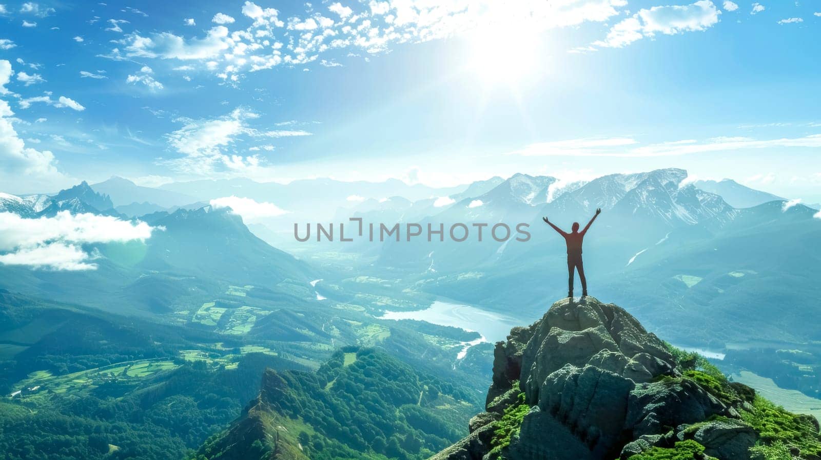 Hiker is celebrating reaching the summit of a mountain with a breathtaking view of a valley and lake below. The hiker is silhouetted against the sun, creating a sense of accomplishment and awe