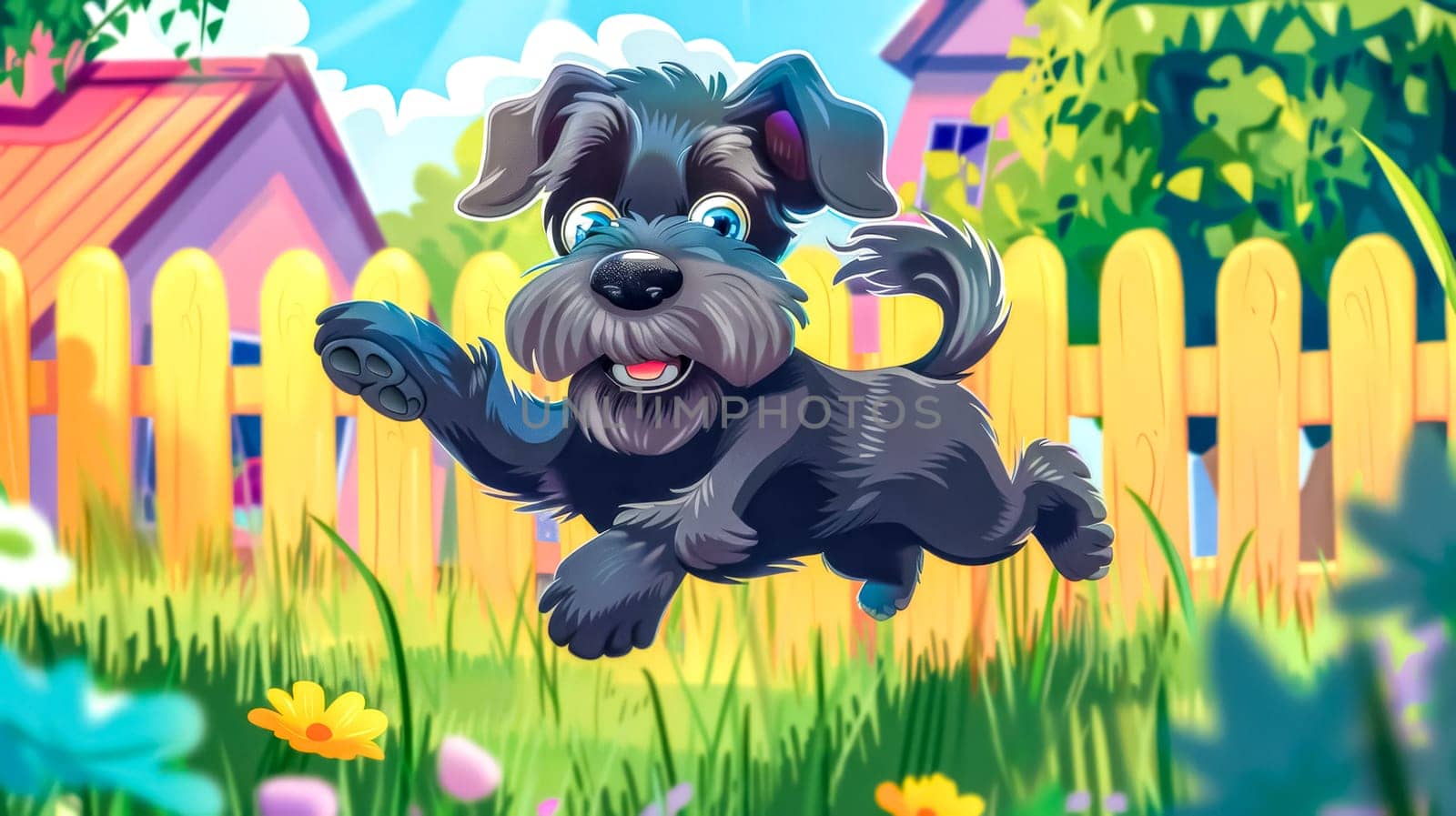 Joyful black dog running and jumping in a cozy backyard on a sunny summer day, surrounded by lush green grass, colorful flowers, and a clear blue sky
