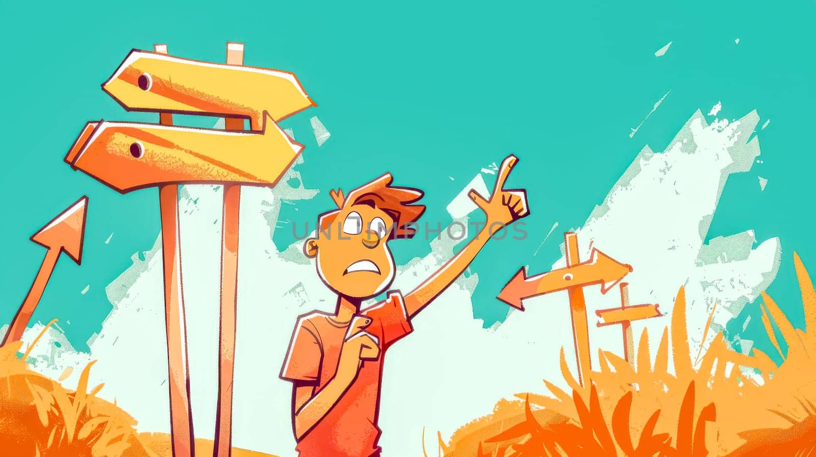 Illustration of a young man making a choice about his future, pointing to one of three paths indicated by a direction sign