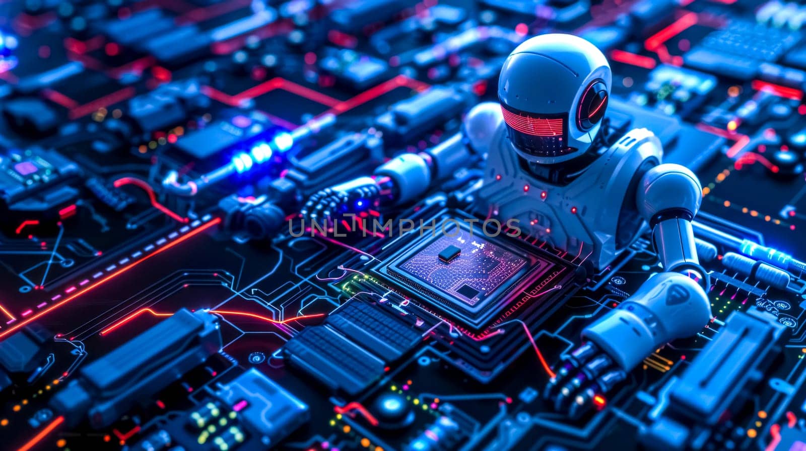 Robot is connecting to a futuristic, glowing motherboard, symbolizing the future of artificial intelligence and its role in technology