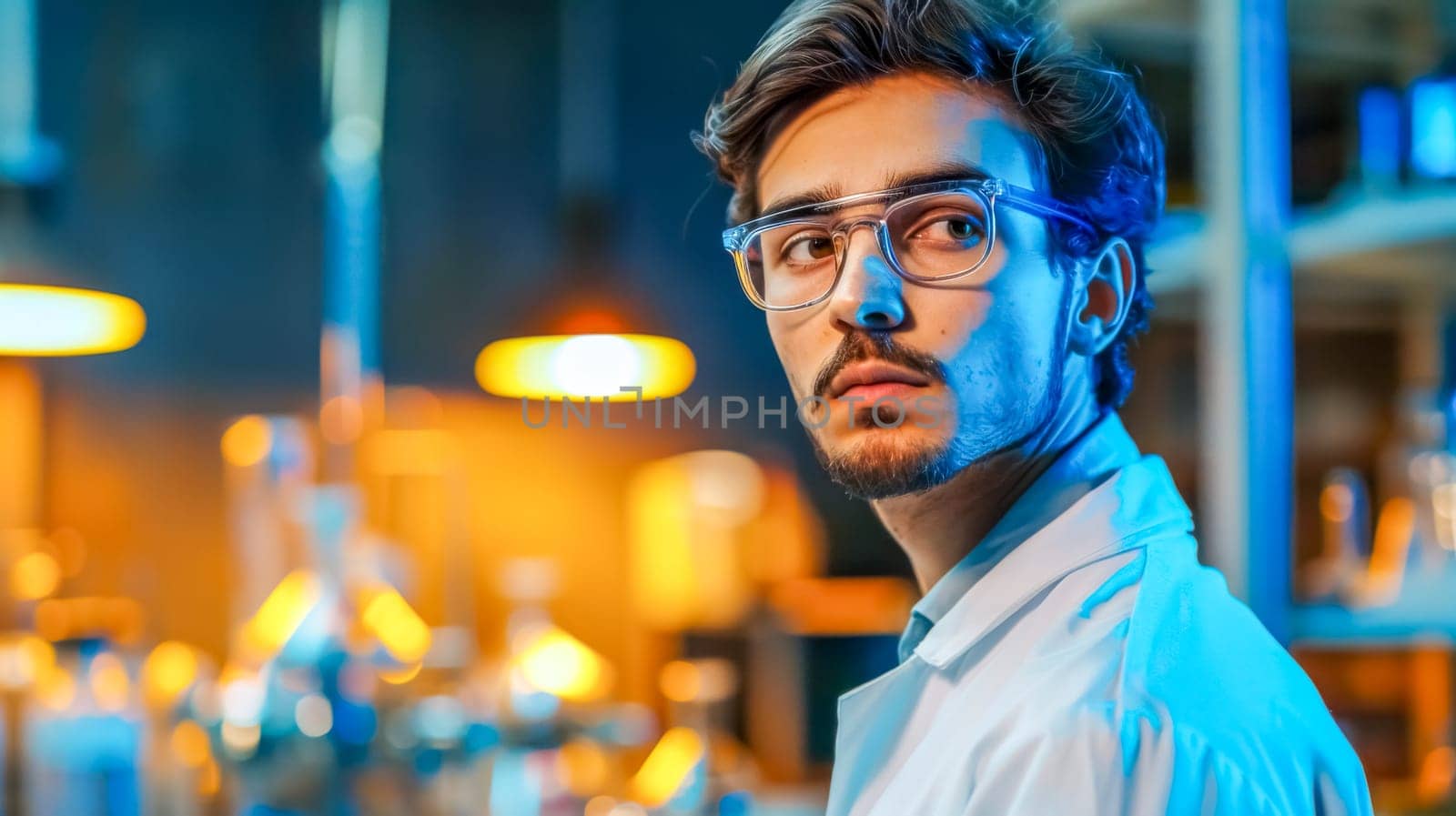 Scientist works in a high-tech lab, focused on research in medicine and healthcare. The image captures innovation and dedication in science