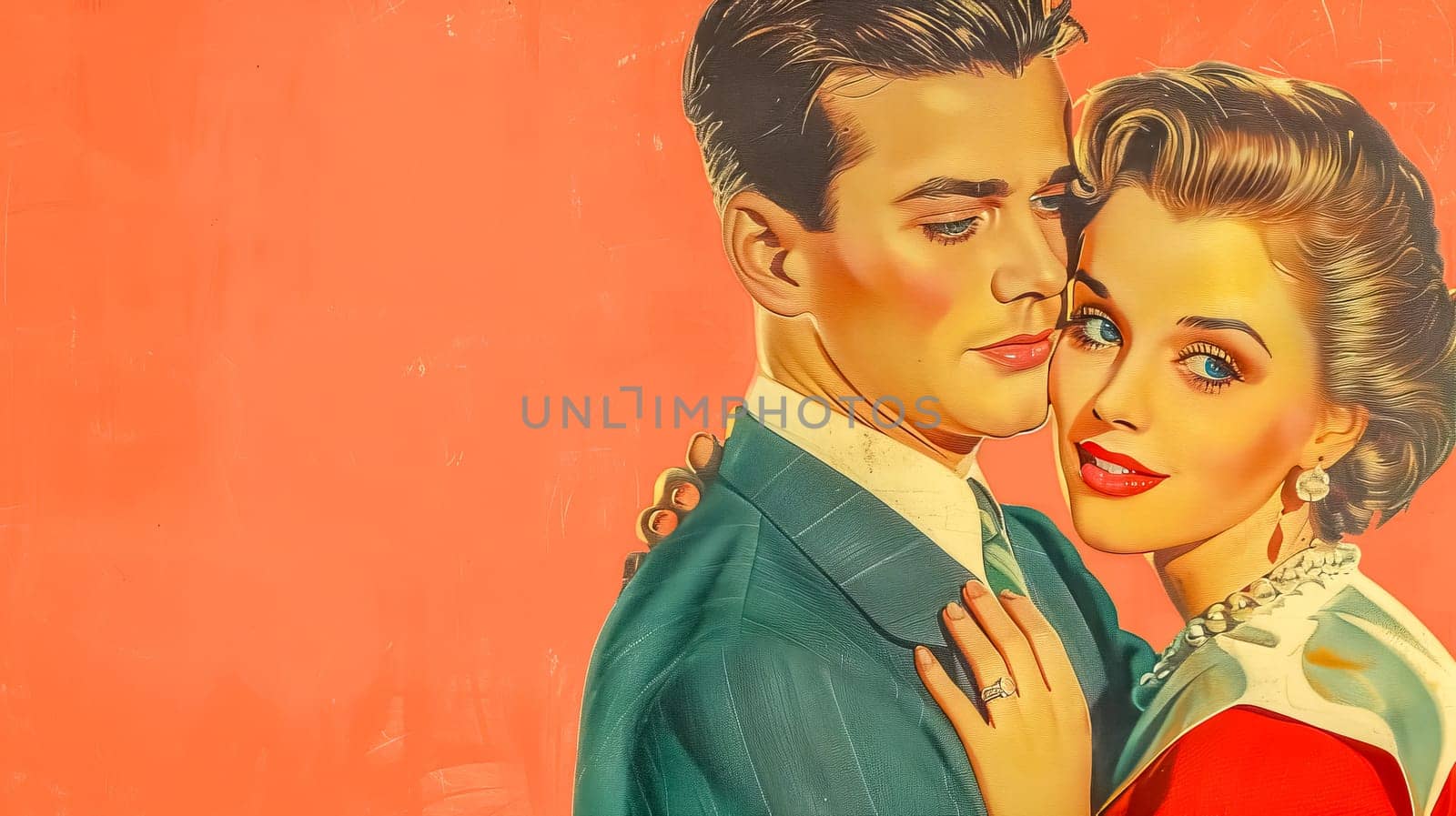 Vintage romance illustration of a stylish couple embracing in the 1950s and 1960s. Radiating happiness and affection with a touch of mid-century elegance and glamour