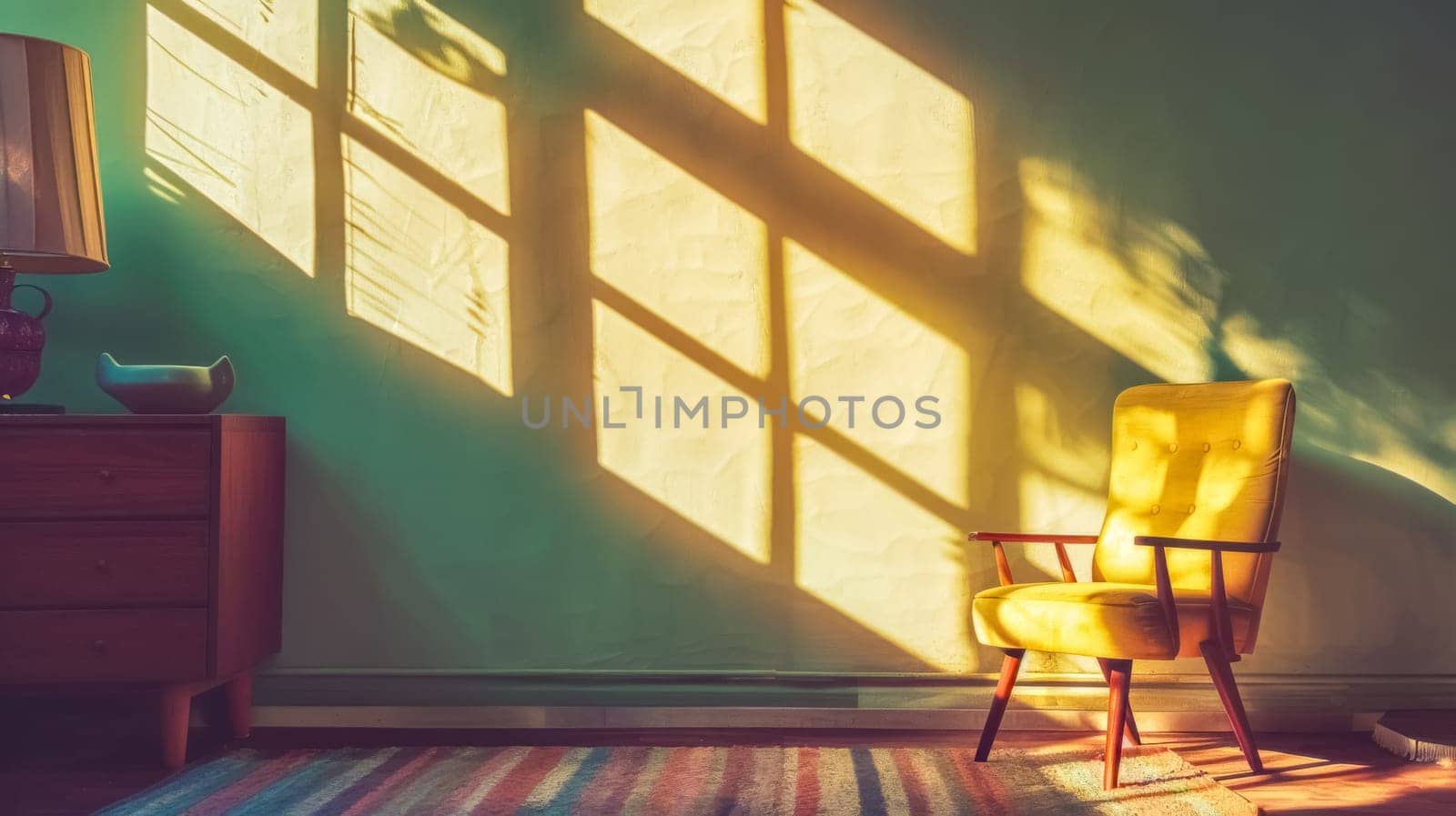 Sunlight is illuminating a retro yellow armchair in a room with a colorful rug. A vintage lamp and bowl are sitting on a wooden sideboard