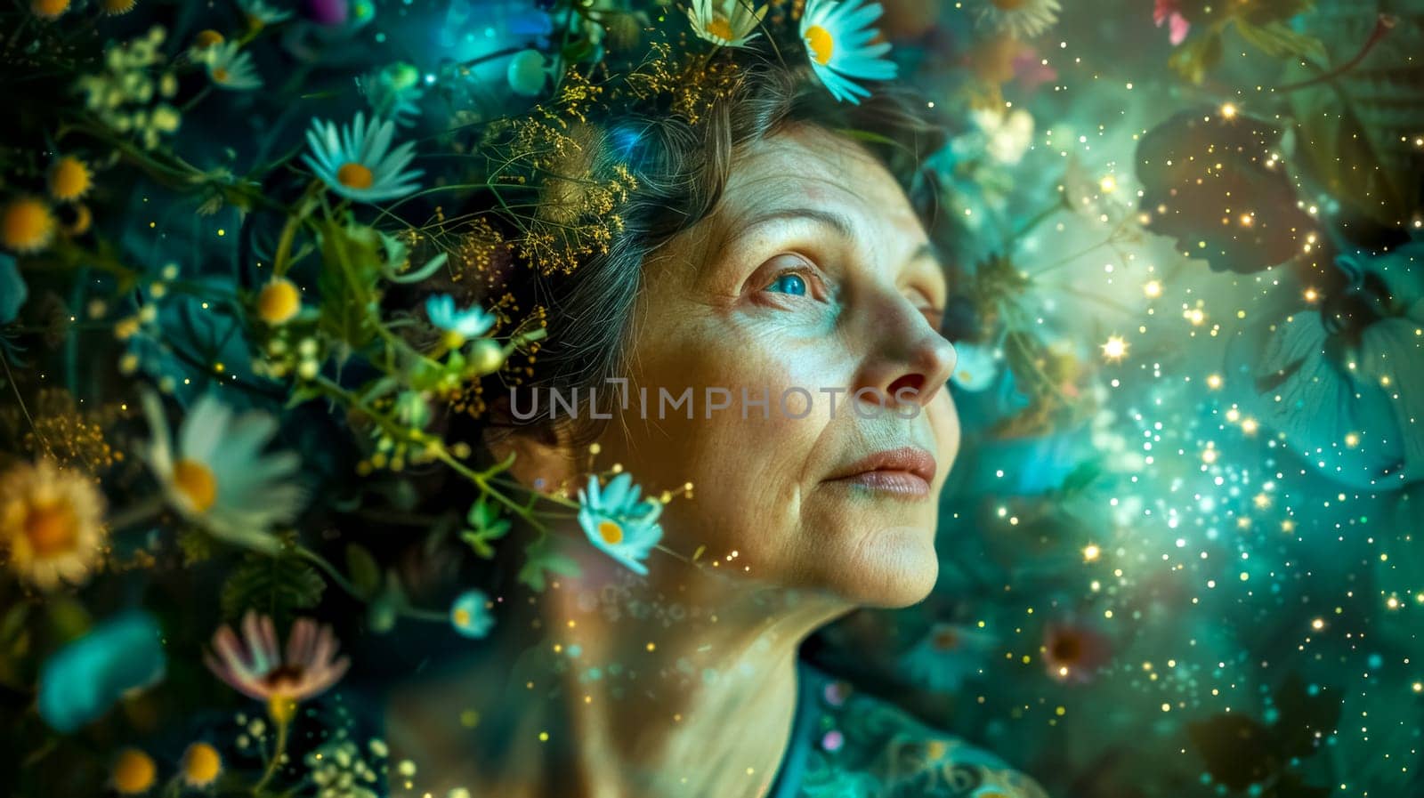 Mature woman with a flower crown on her head is surrounded by flowers and sparkling lights, creating a magical and ethereal atmosphere
