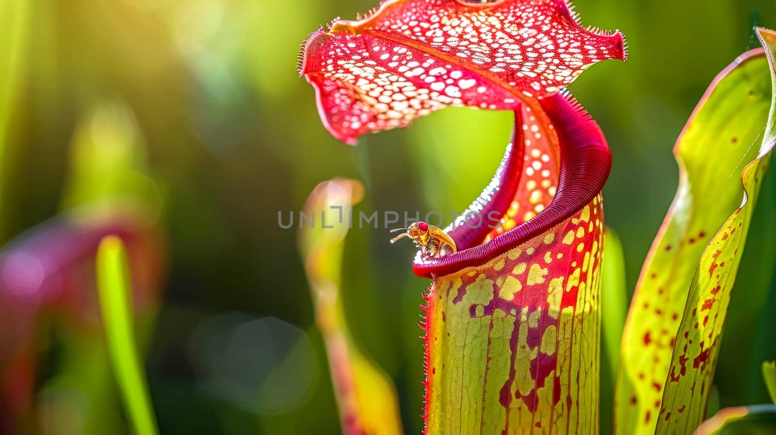 Colorful carnivorous pitcher plant lures insects with sweet nectar, set against a natural backdrop, capturing intricate details and vibrant hues in close-up