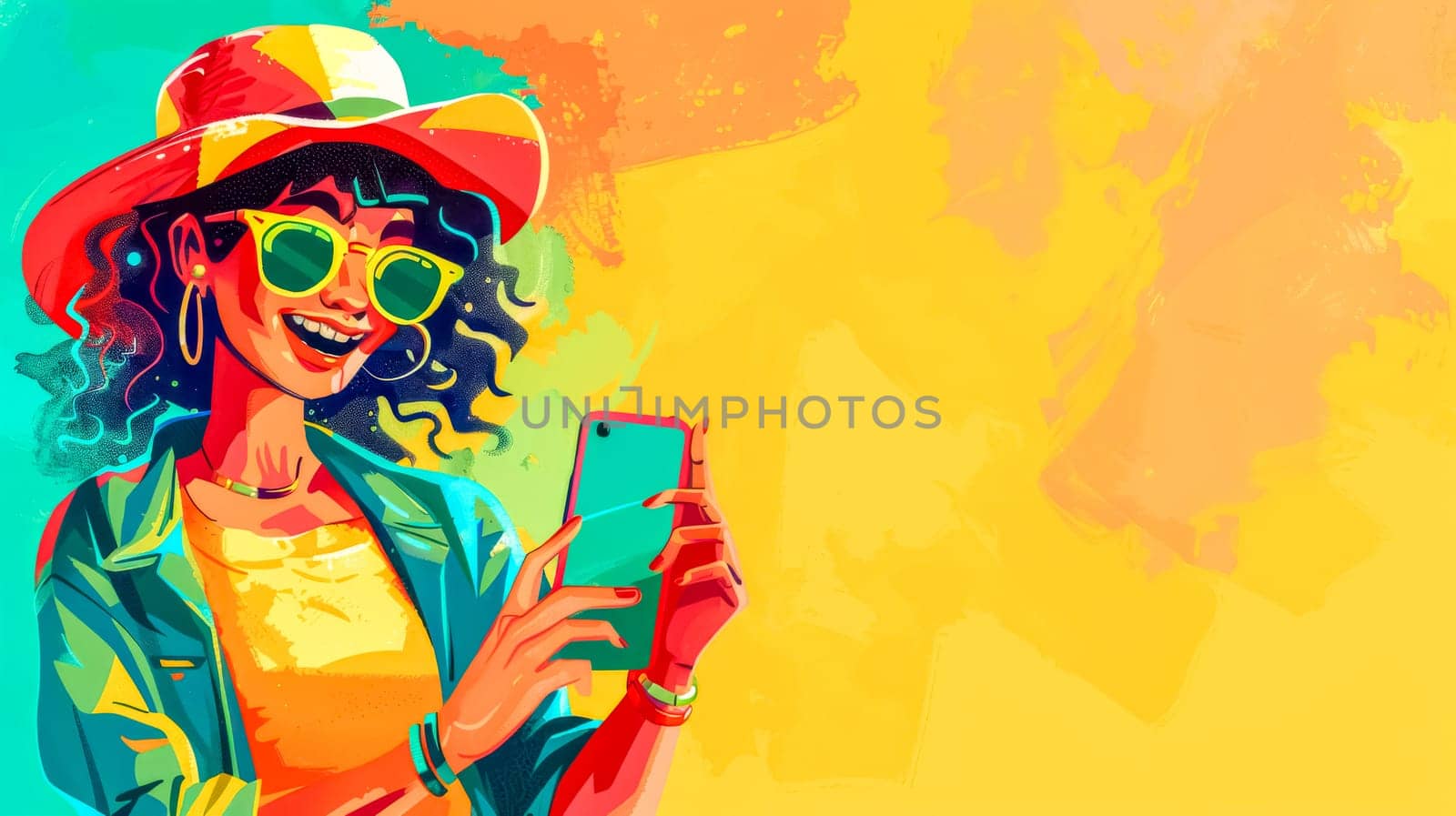 Young woman happily using her smartphone in a colorful summer setting, embodying modern digital lifestyle