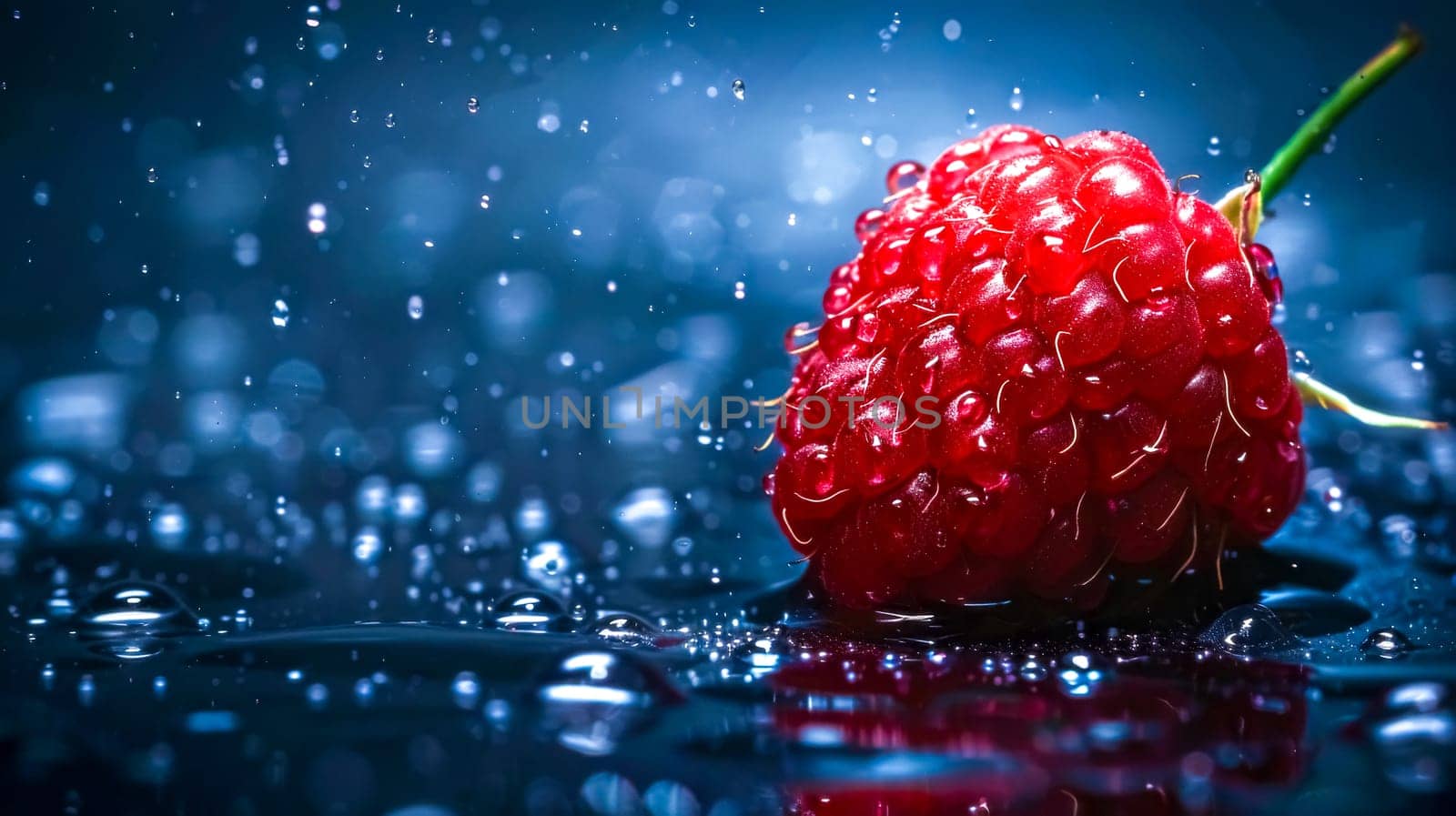 Ripe raspberry gets a water splash on a blue background, creating glistening drops. Captures freshness and sweetness of fruit, perfect snack. Close-up view showcases natural beauty of berry