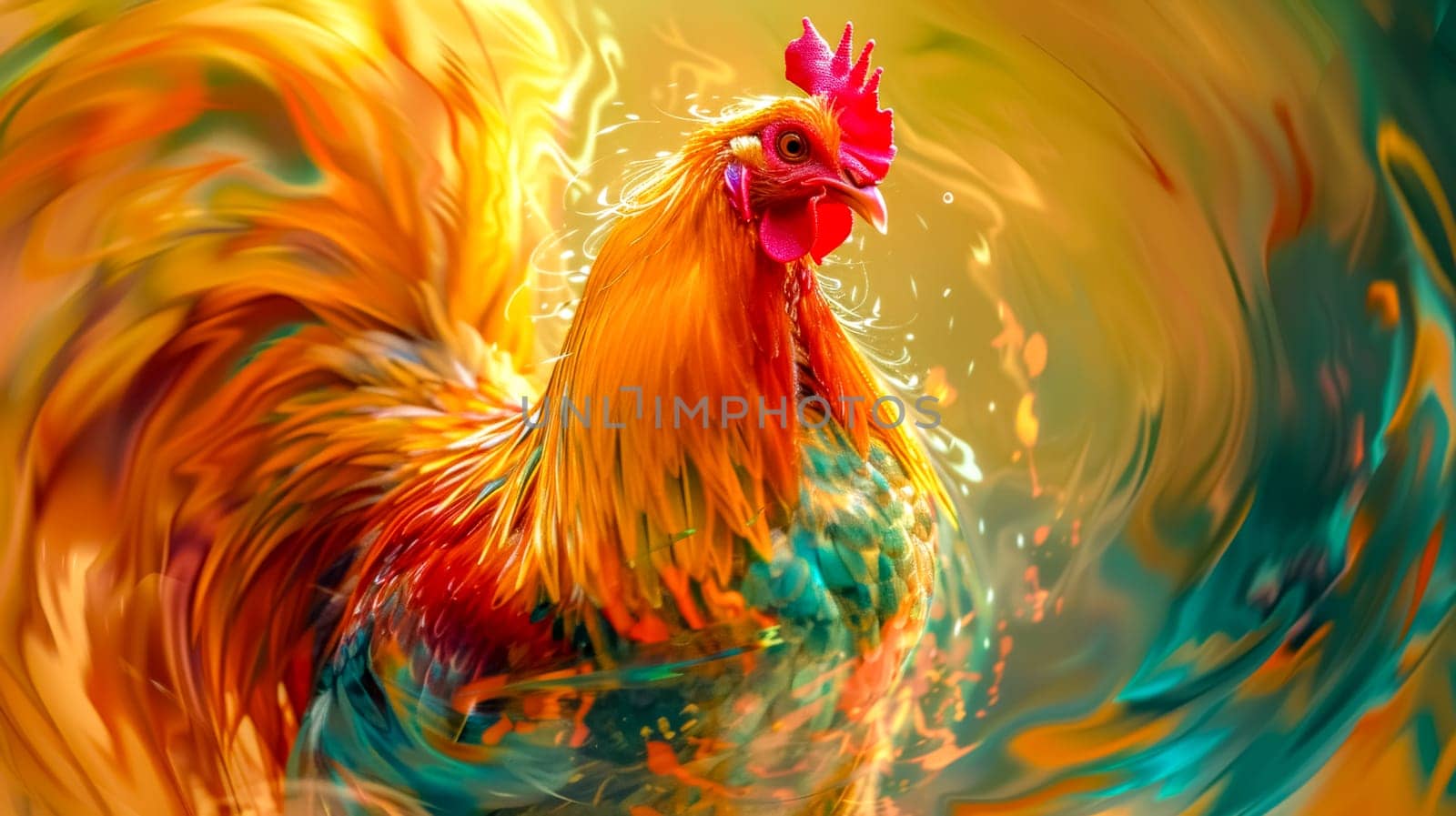 Vibrant rooster is posing in front of a colorful abstract swirl background. Perfect for illustrating concepts of nature, beauty and creativity