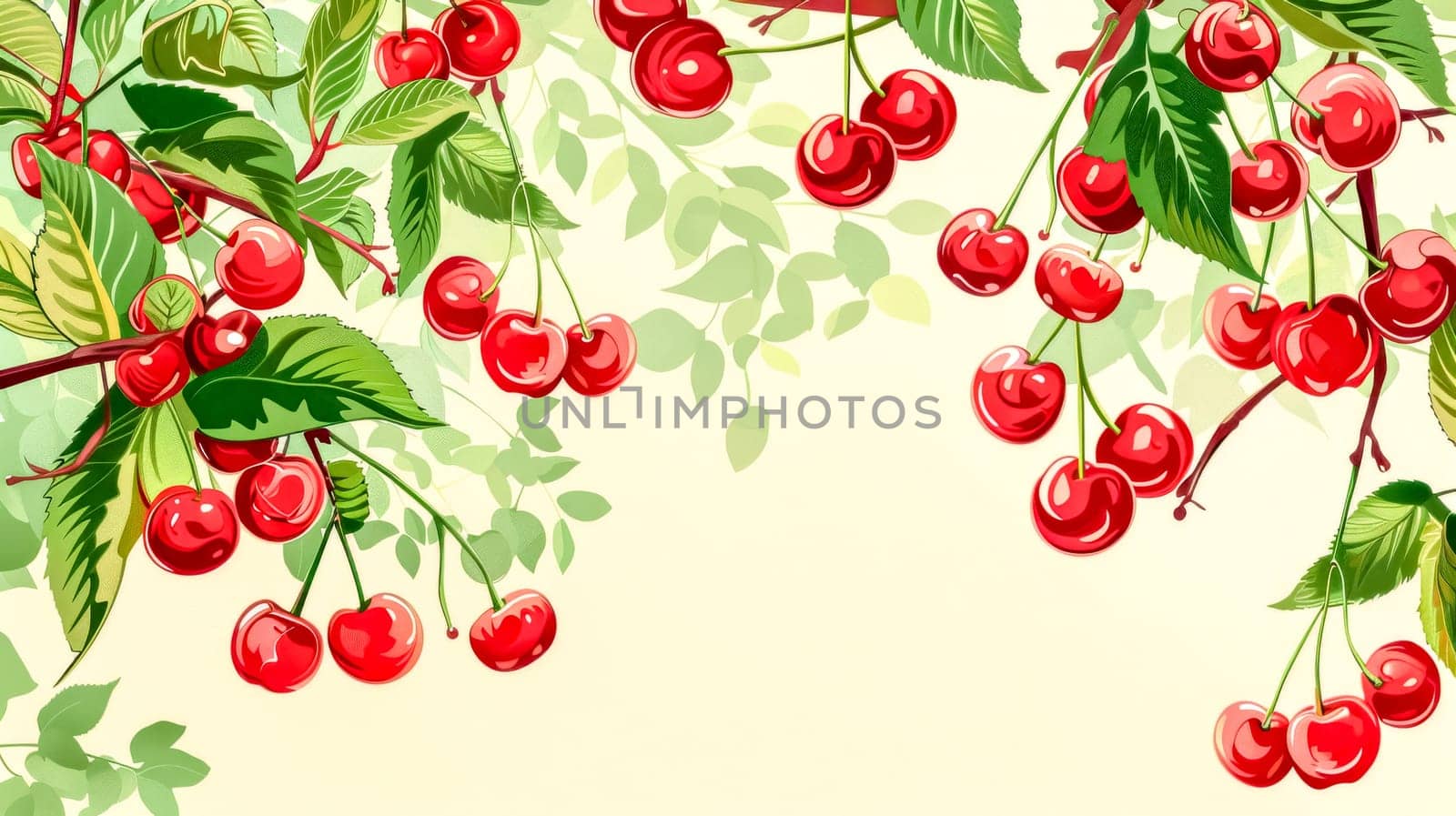 Illustration featuring ripe red cherries hanging from branches with green leaves on a light yellow background with copy space