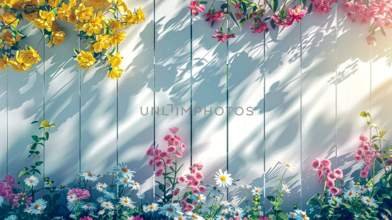 Colorful flowers casting beautiful shadows on a white picket fence on a sunny day in the garden. Adding bursts of yellow. Pink. And blue against the white backdrop