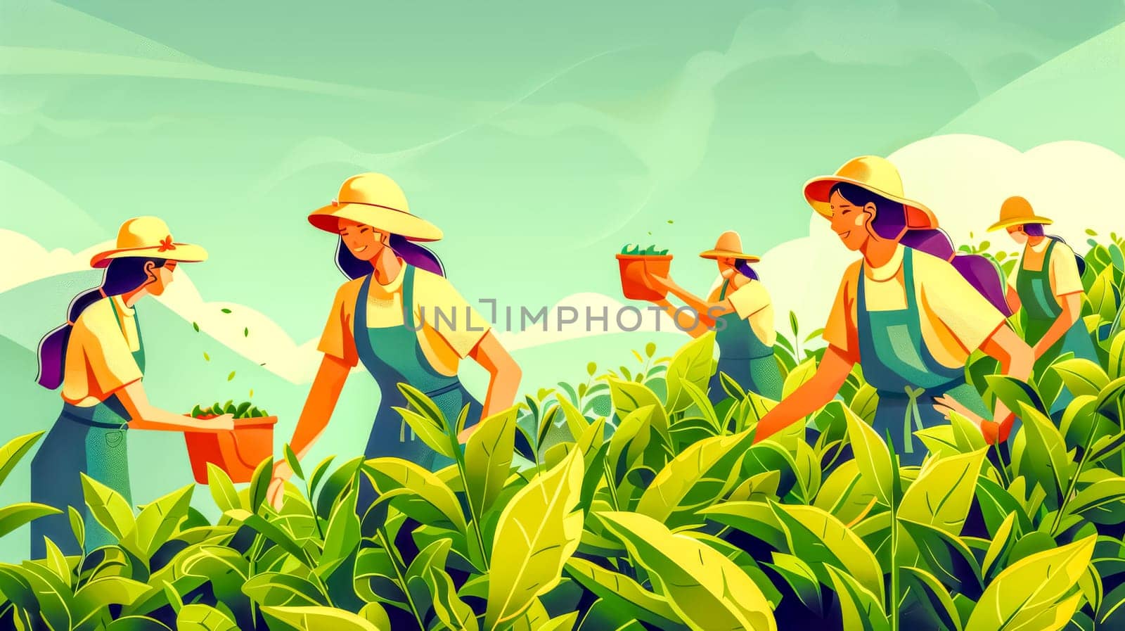 Five female farmers picking fresh tea leaves on a sunny day in a lush plantation, embodying agriculture's essence. A sustainable lifestyle captured in nature's beauty