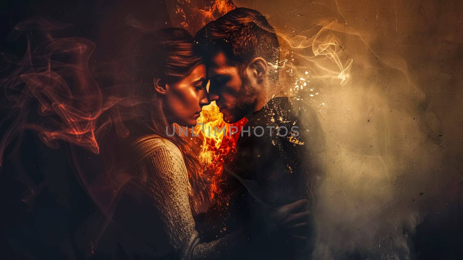 Couple is embracing each other with a wall of fire separating them, symbolizing the intense passion and desire in their relationship