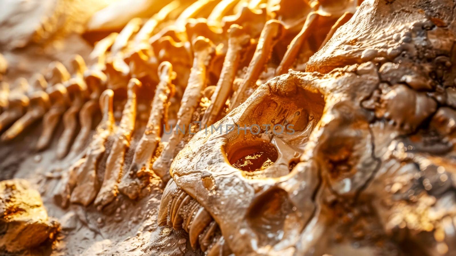 Dinosaur skeleton fossil discovery in the desert being excavated by paleontologists searching for evidence of prehistoric life