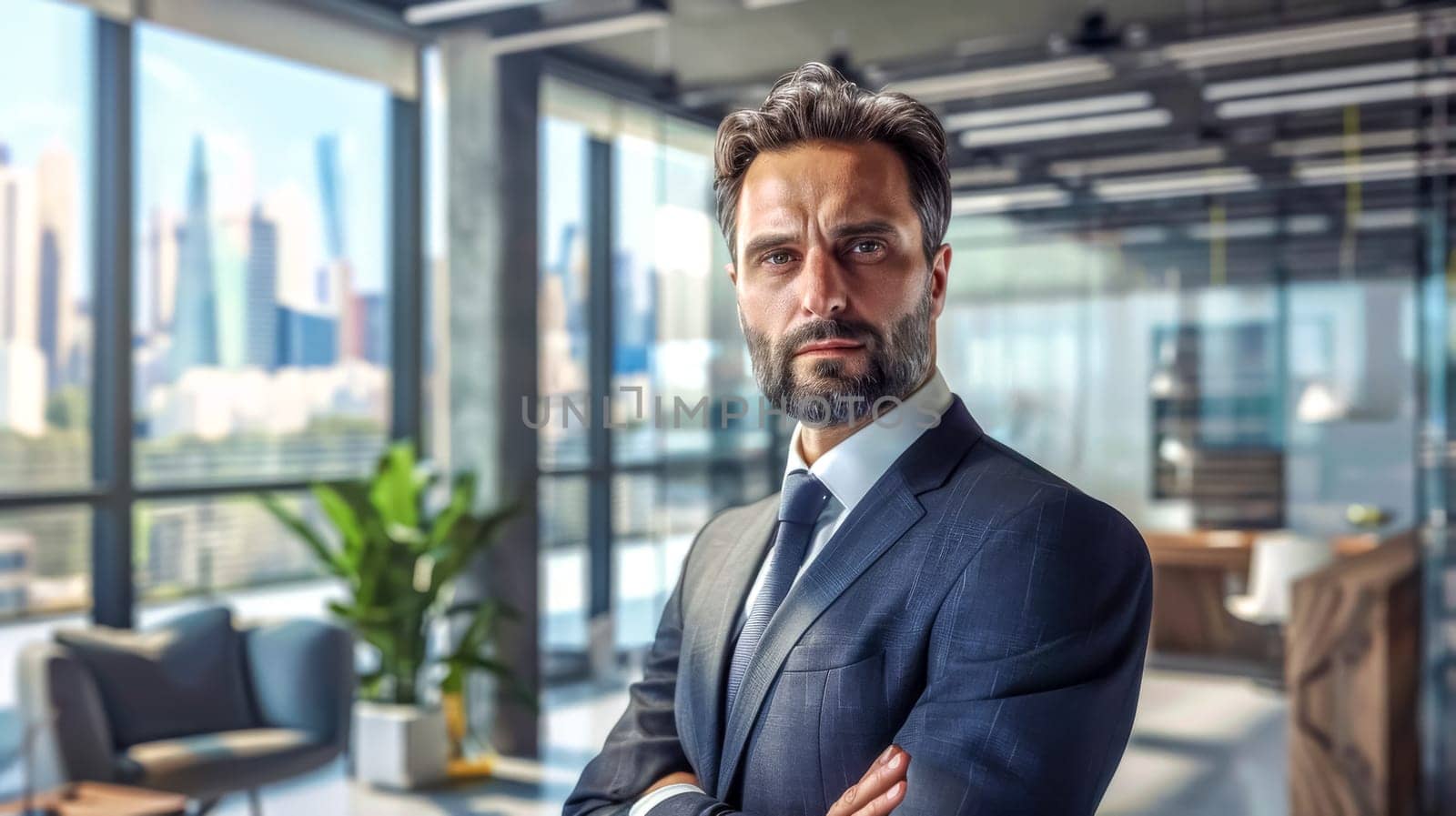 Mature businessman with a beard is standing in a modern office with his arms crossed, conveying an aura of confidence and success