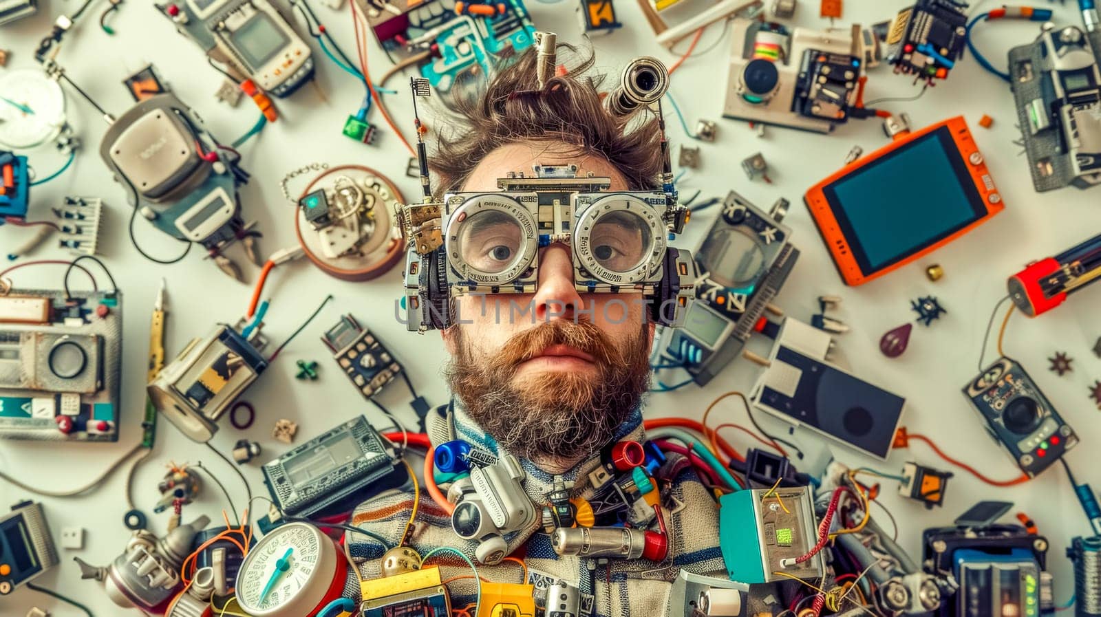 Technician is lying down on a white surface surrounded by electronic devices and components, wearing augmented reality goggles