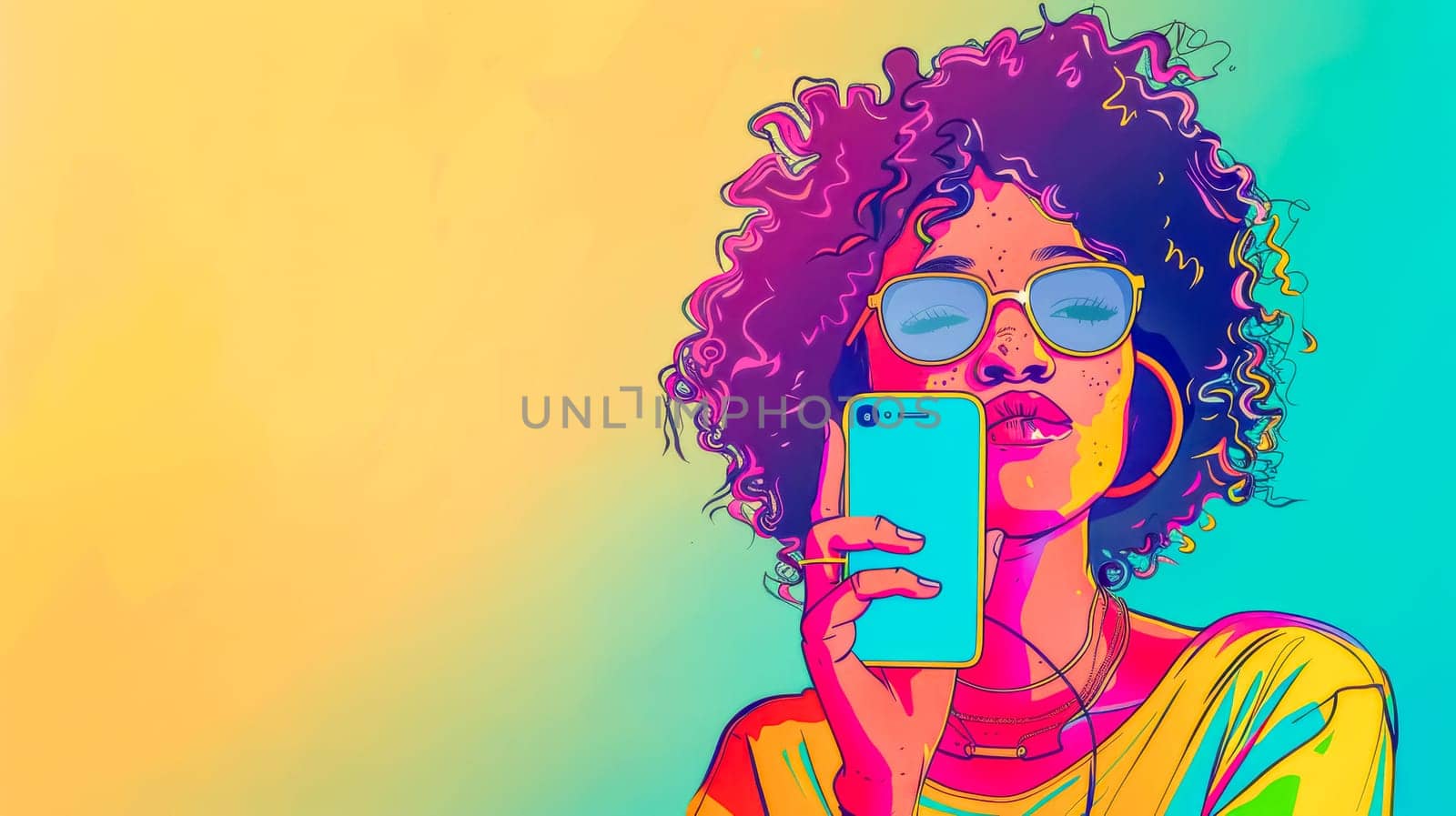 Illustration of a young woman enjoying music on her smartphone, highlighting the vibrant colors and energy of modern digital entertainment