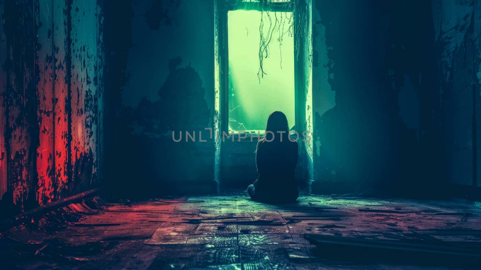 Mysterious silhouette sits alone in a decaying room, bathed in eerie green light from a boarded-up window, creating a chilling and enigmatic scene