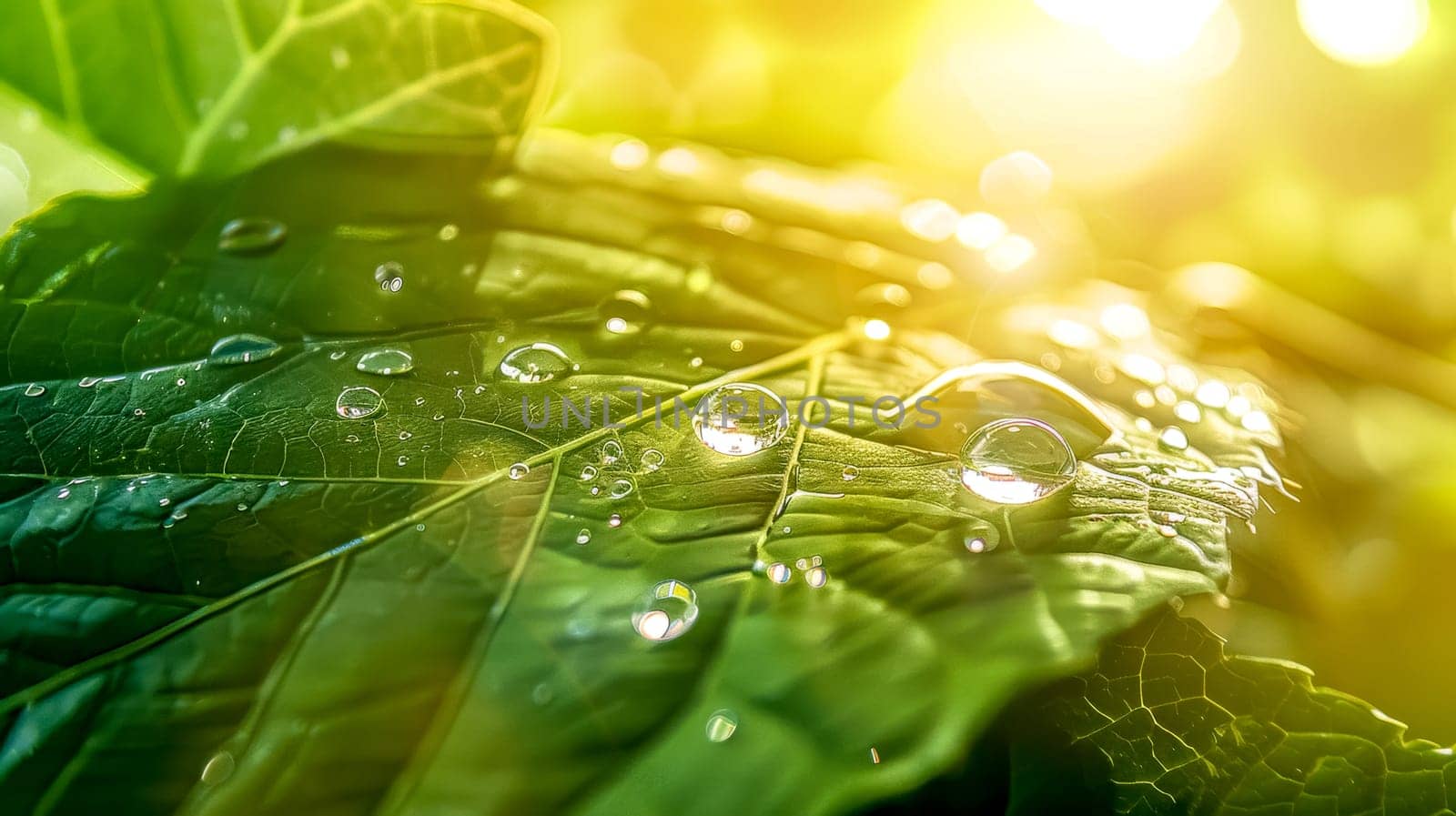 Macro shot of a green leaf covered with fresh water drops reflecting the sunlight in the morning. The image evokes freshness, nature and purity