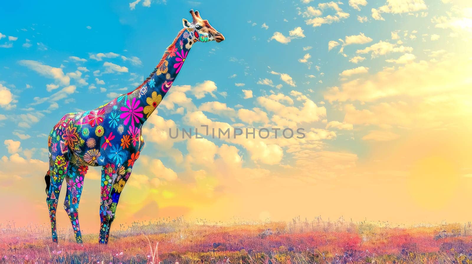 Giraffe with a vibrant flower pattern on its fur standing in a field of wildflowers with a beautiful sunset and clouds in the background