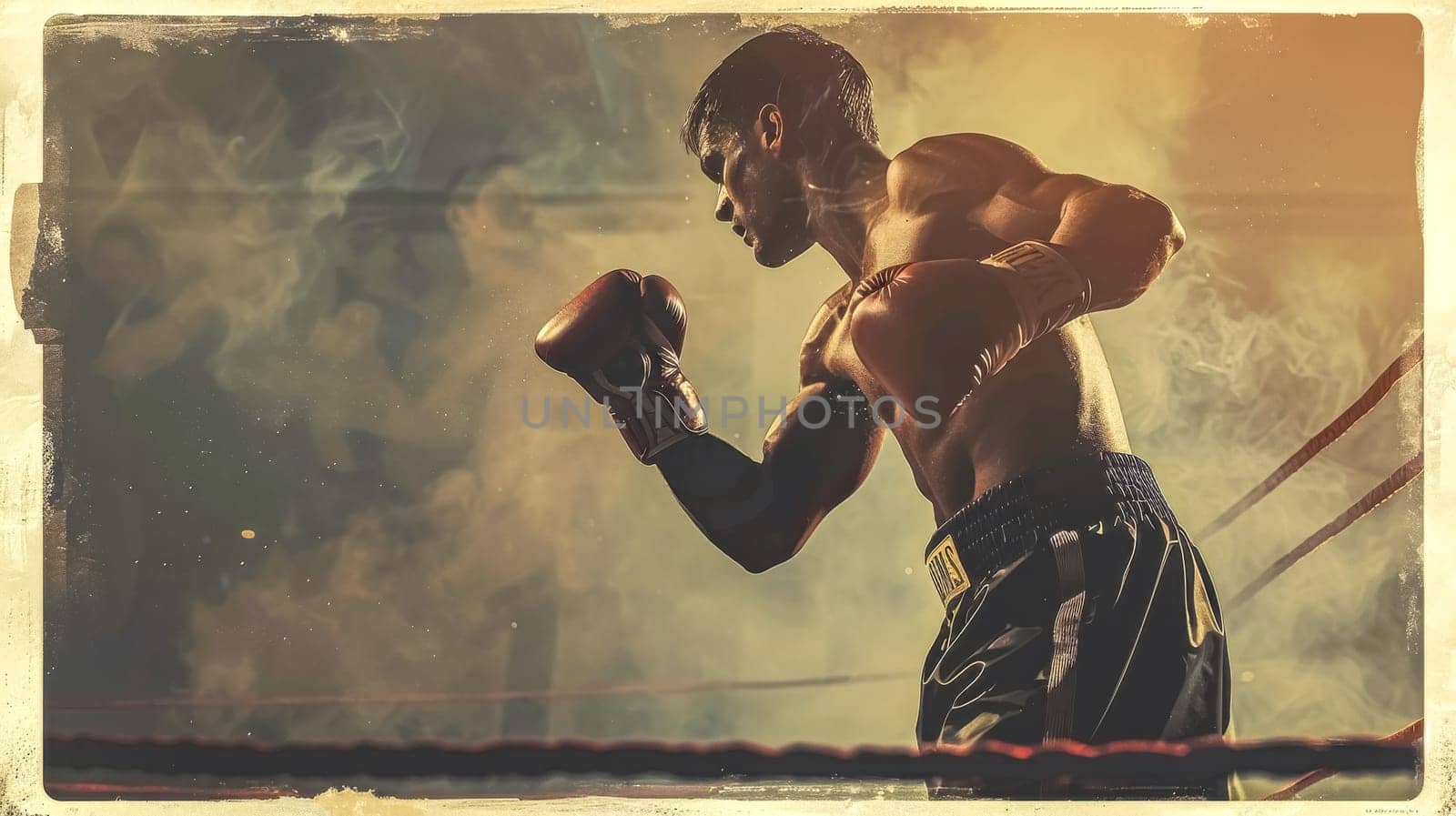 Young boxer is standing in a boxing ring, raising his gloved fists in a fighting stance. The image has a vintage, gritty aesthetic