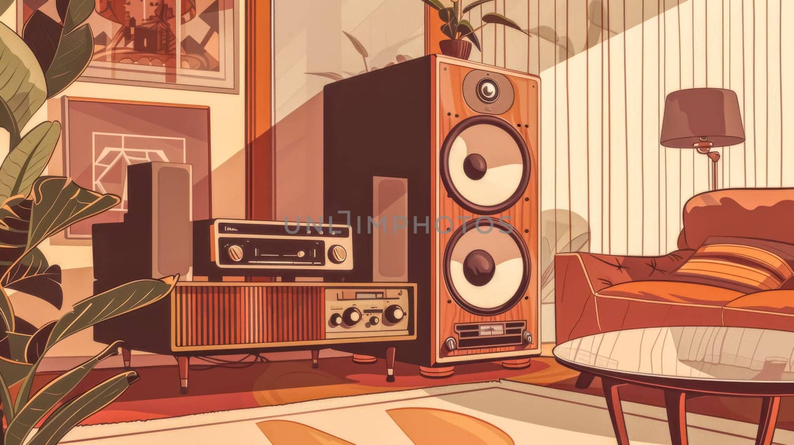 Retro hi-fi stereo system is playing music in a cozy living room bathed in warm sunlight streaming through the windows