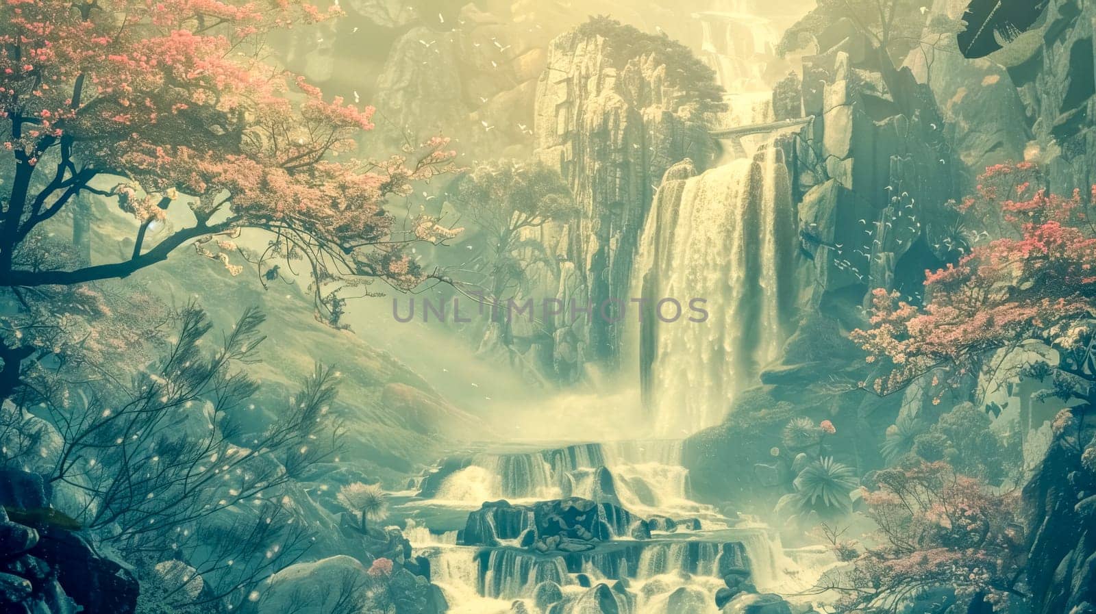 Water cascading down a rocky mountainside, creating a series of waterfalls surrounded by lush green forest and blooming trees. This serene landscape evokes peace and tranquility