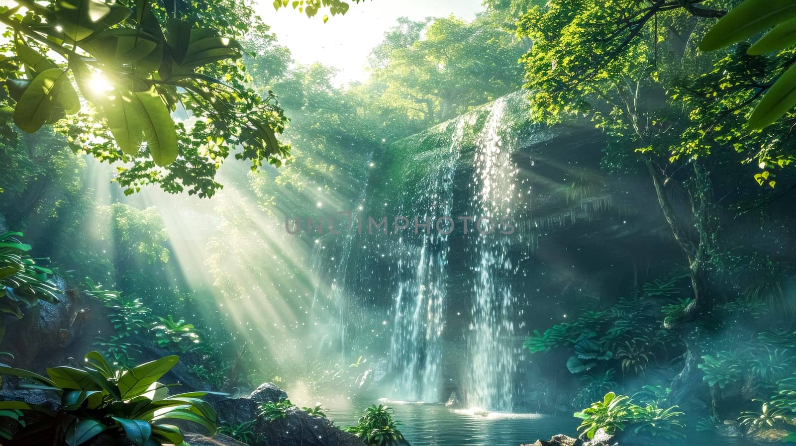 Sunbeams are piercing through the canopy of a dense tropical jungle, illuminating a hidden waterfall cascading over a rocky cliff into a crystal-clear pool