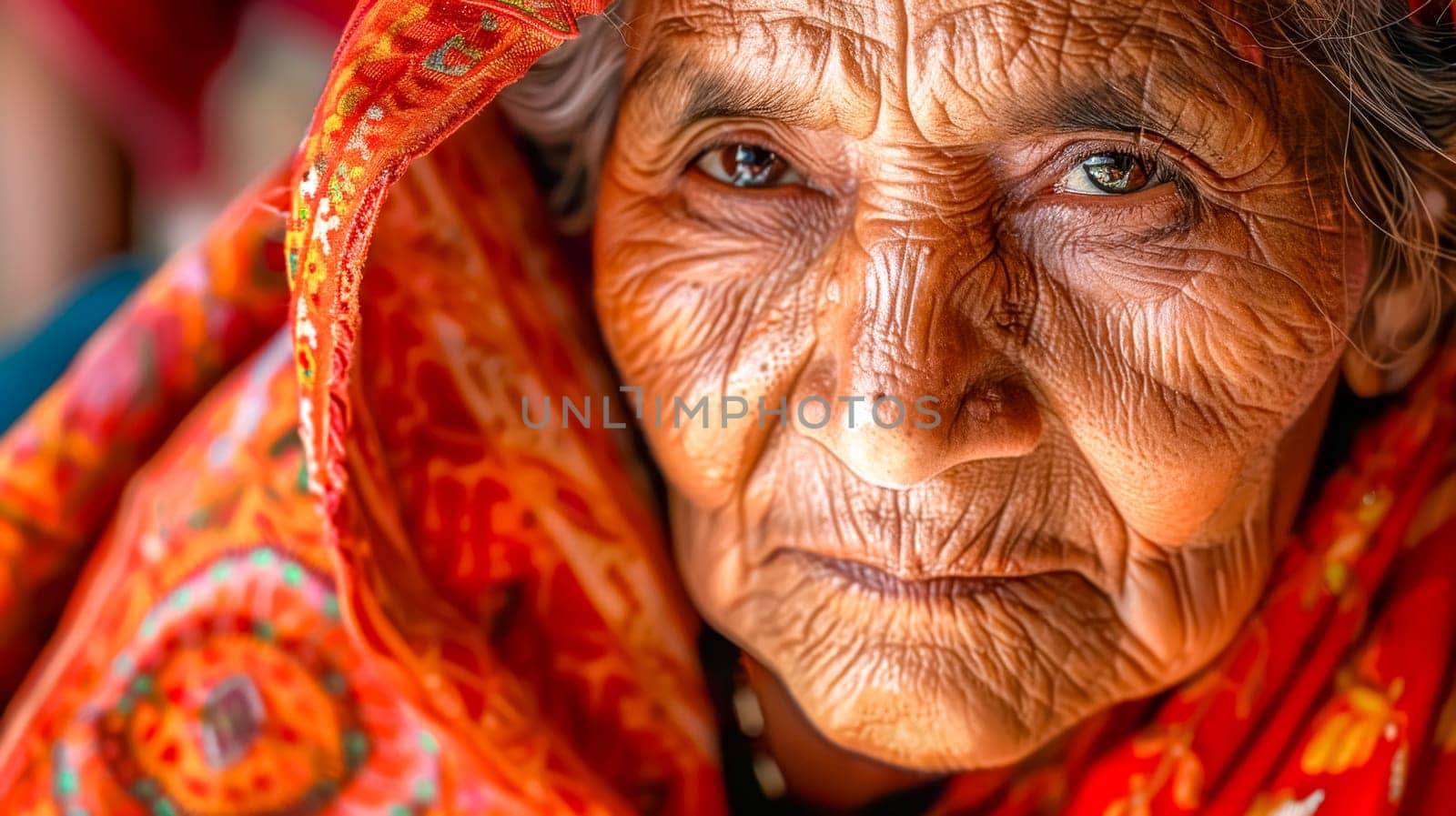 Close-up of an elderly indian woman with her face reflecting a lifetime of experiences, wearing a vibrant red sari, showcasing the beauty of aging gracefully
