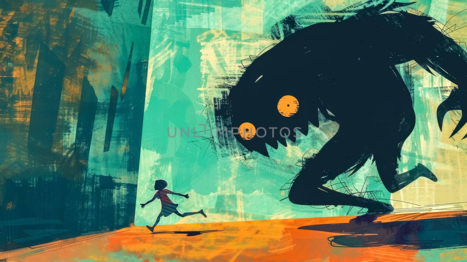 Brave girl running from a scary monster, symbolizing fear and anxiety. Dark, surreal painting conveys stress and panic in childhood nightmares