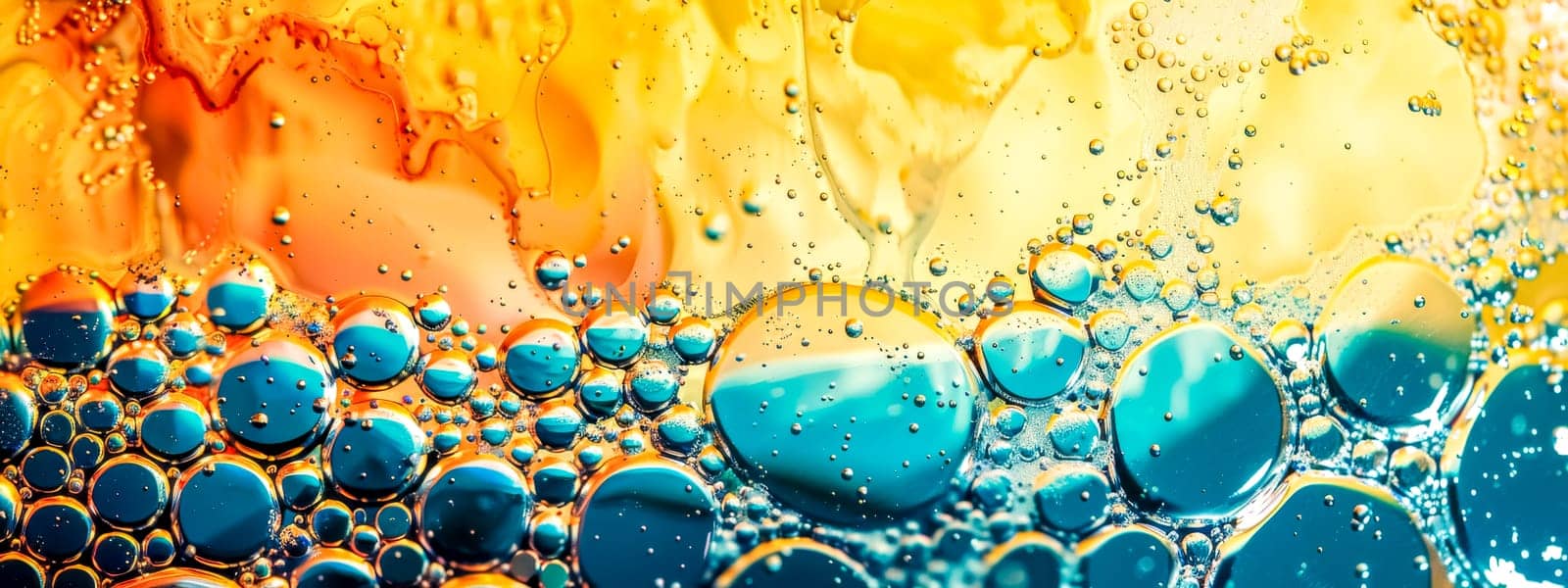 Mesmerizing abstract art with blue and yellow oil bubbles creating intricate patterns and reflections. Vibrant colors and textures in macro shot perfect for creative projects