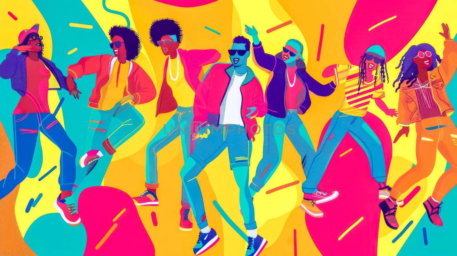 Exciting illustration of lively dancers on vibrant background exudes celebration. Youth. And music. Radiating energy and joy in trendy urban setting. Perfect for modern. Cool vibe with pop art flair