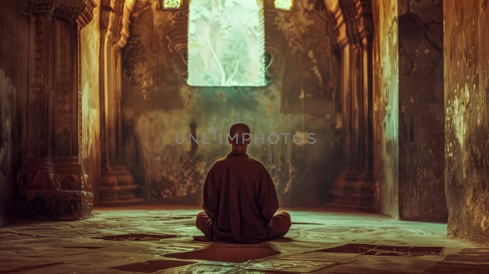Serene buddhist monk meditating in an ancient temple in bagan, myanmar, exuding spirituality and harmony. The tranquil scene captures asian culture and spiritual traditions
