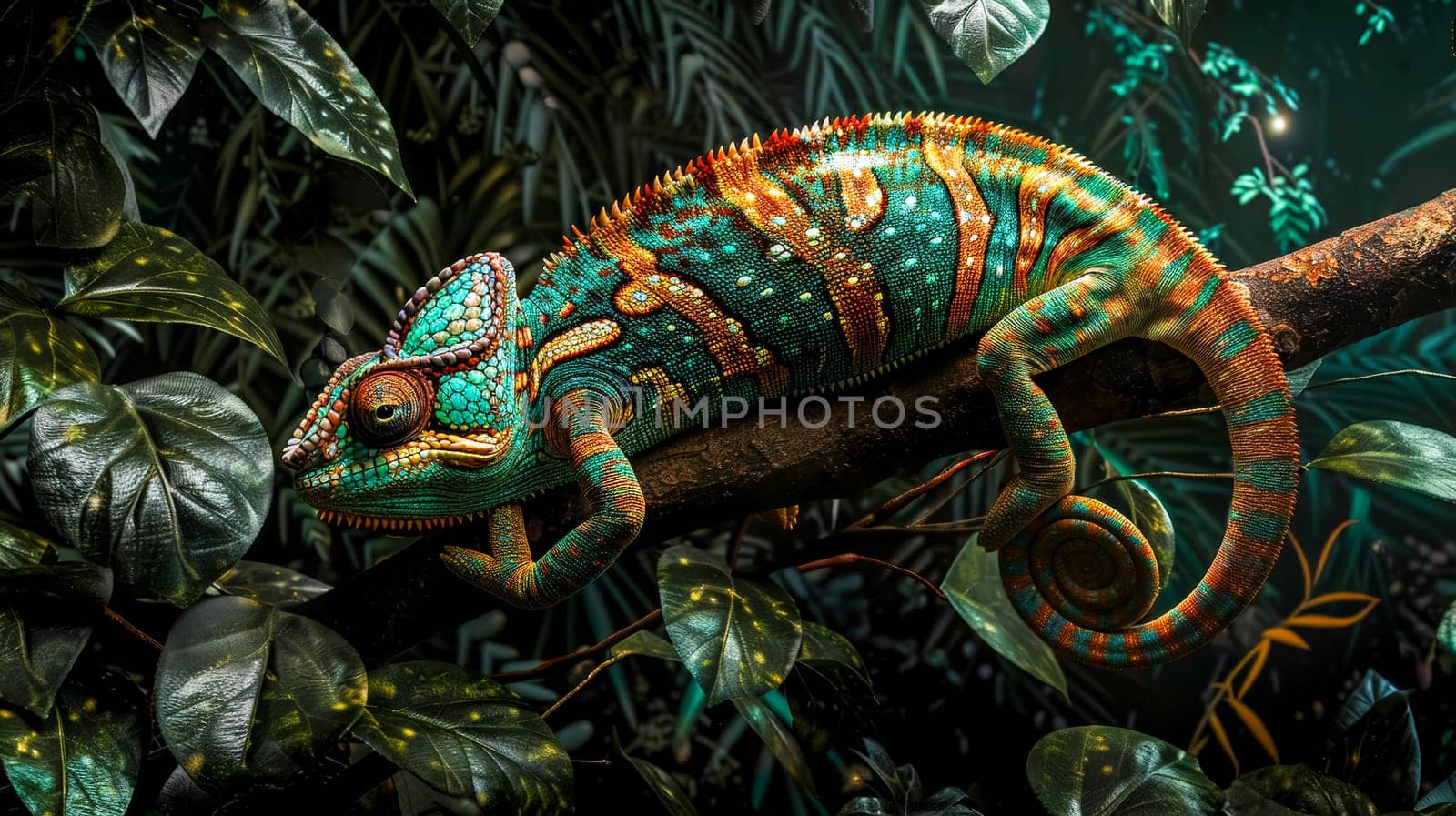 Vibrant chameleon perches on a branch, its colorful scales blending seamlessly with the surrounding lush foliage of the rainforest