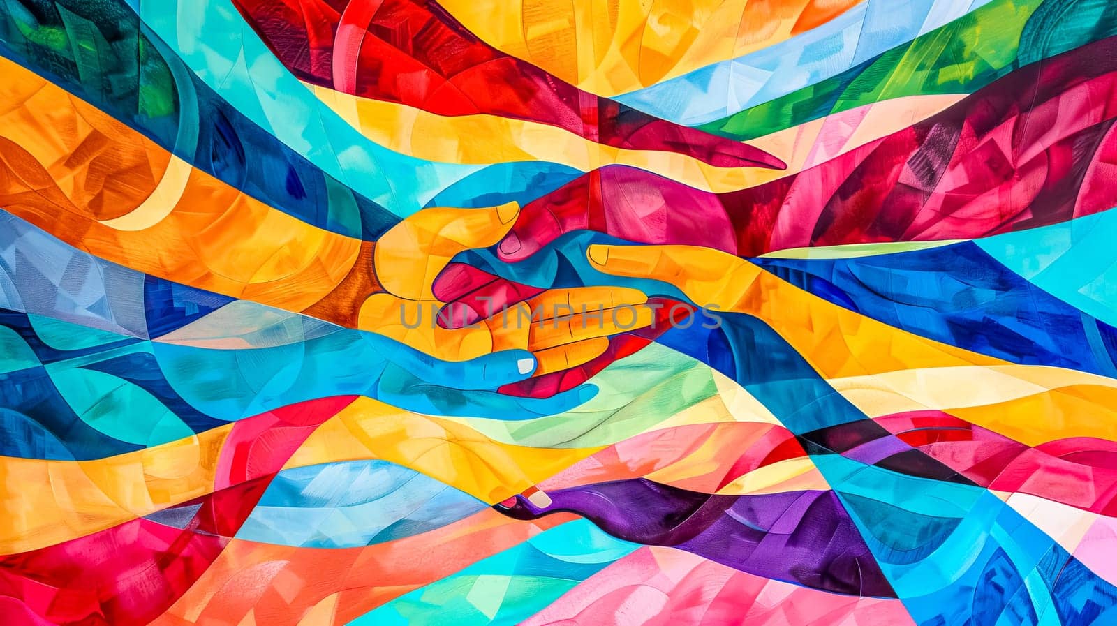 Colorful abstract image of hands joining together, symbolizing teamwork, unity, and support in a vibrant and diverse setting, fostering success and trust among team members