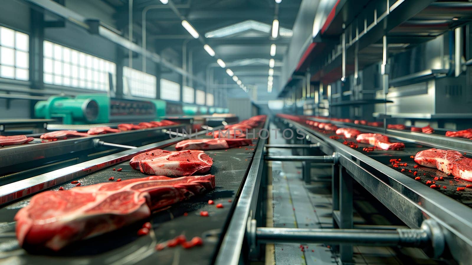 Thick cuts of raw meat on conveyor belt on factory line. Food industry. AI generated
