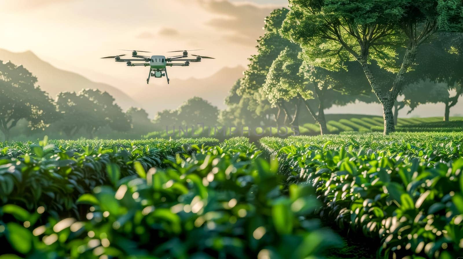 Drone flying over a tea plantation, gathering data for precision agriculture. Green fields and sunlight show innovation and sustainability in farming