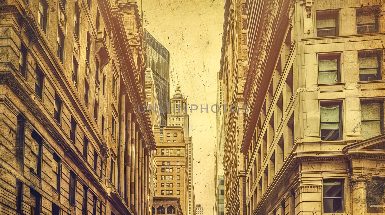 Old photo effect is highlighting a narrow new york city street with towering skyscrapers above, creating a vintage feel of urban architecture