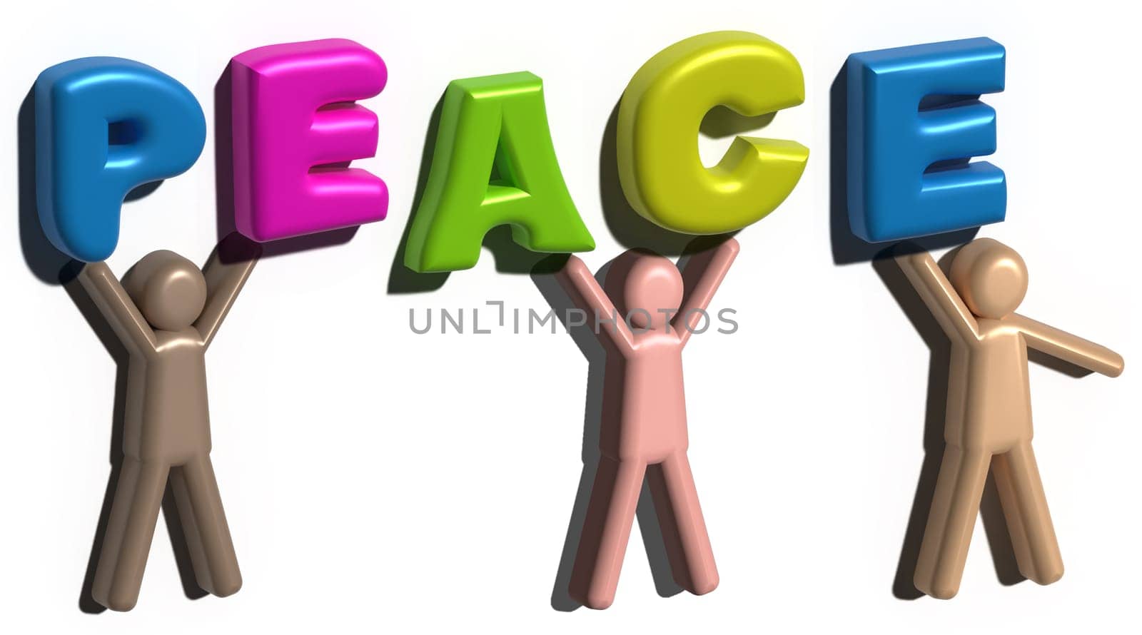 Drawn little men holding the word peace on isolated background, 3D rendering illustration